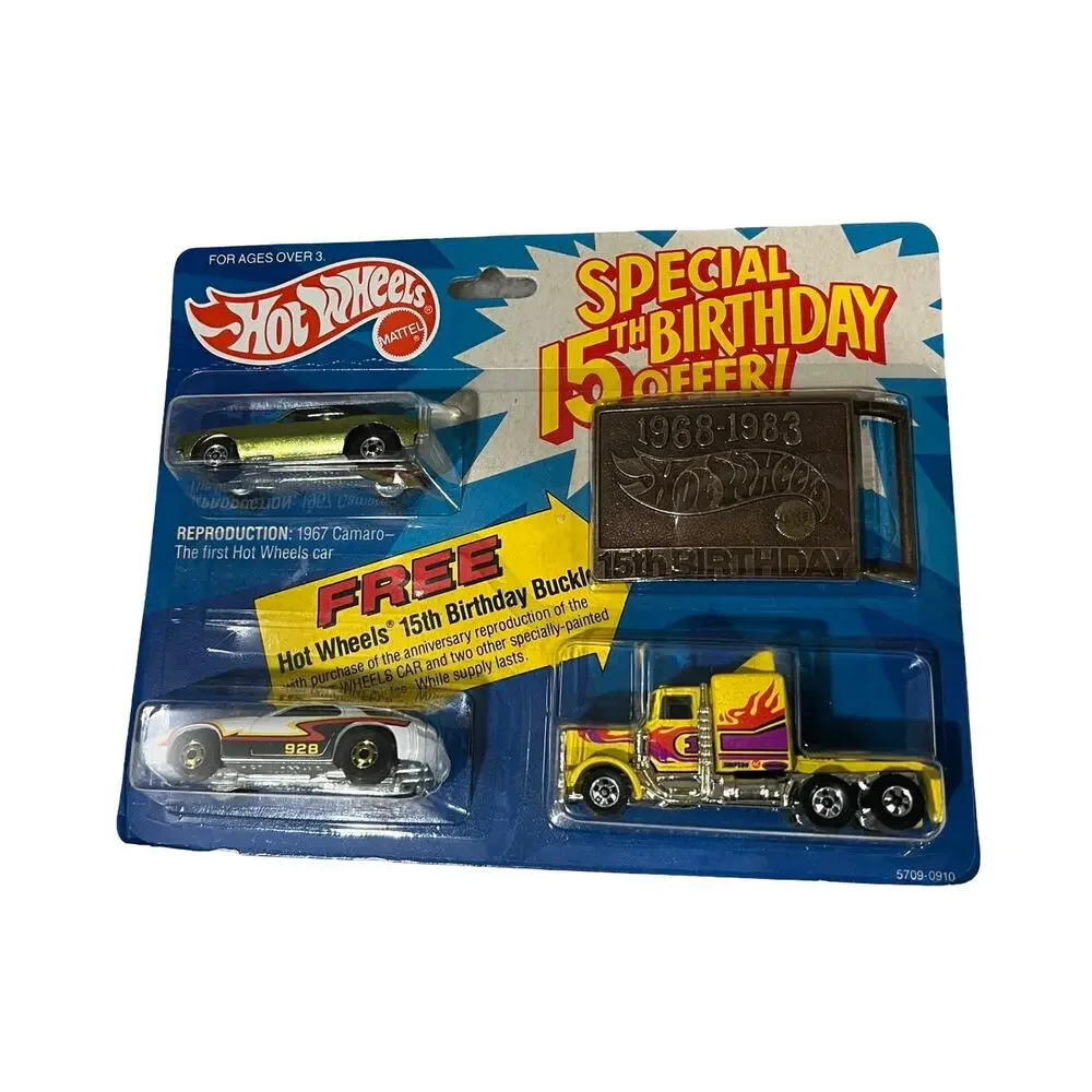 1983 Hot Wheels 15th Birthday 3-Car Set Camaro P-928 Long Shot Buckle NEW